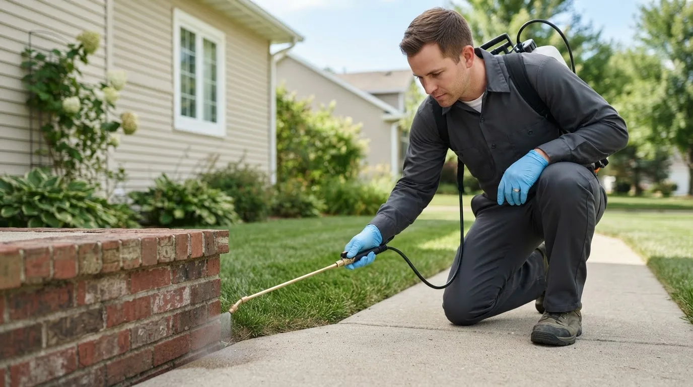 Pest control technician treating a home near Mountain View, WY